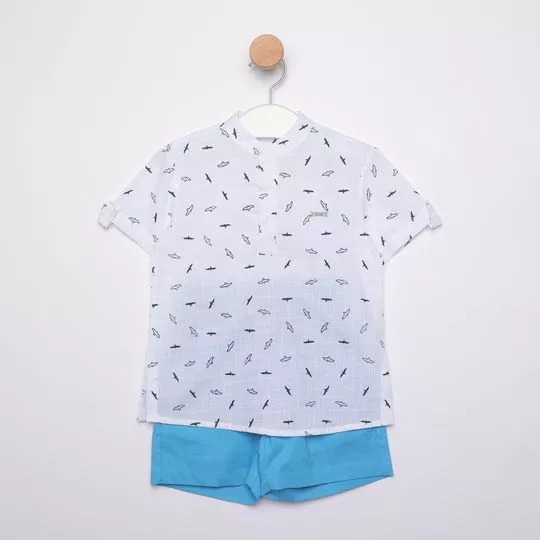 Conjunto De Camiseta Pássaros Lisa & Bermuda Lisa- Branco & Azul- Oliver