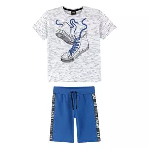 Conjunto De Camiseta Tênis & Bermuda Com Inscrições<BR>- Branco & Azul