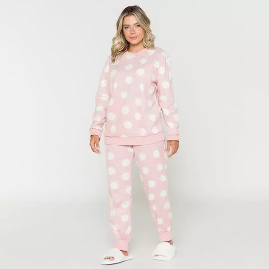 Pijama Poás Em Plush- Rosa Claro & Branco- Anna Kock Sleepwear