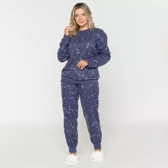 Pijama Estrelas Em Plush- Azul Marinho & Branco- Anna Kock Sleepwear
