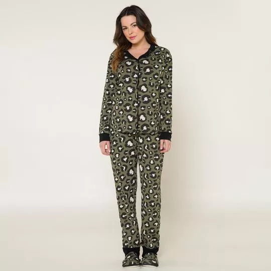 Pijama Animal Print- Verde Militar & Preto- Anna Kock Sleepwear