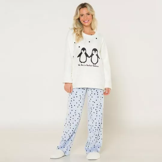 Pijama Em Plush- Off White & Azul Claro- Anna Kock Sleepwear