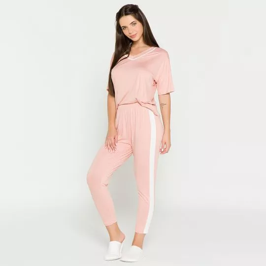 Pijama Com Recortes- Rosê & Branco- Anna Kock Sleepwear