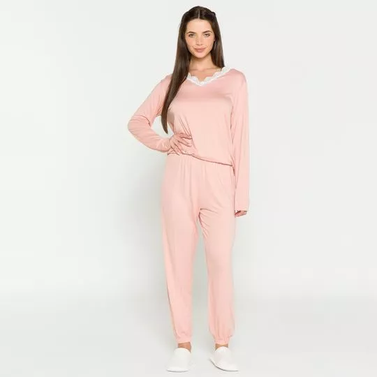 Pijama Com Renda- Rosa Claro & Branco- Anna Kock Sleepwear