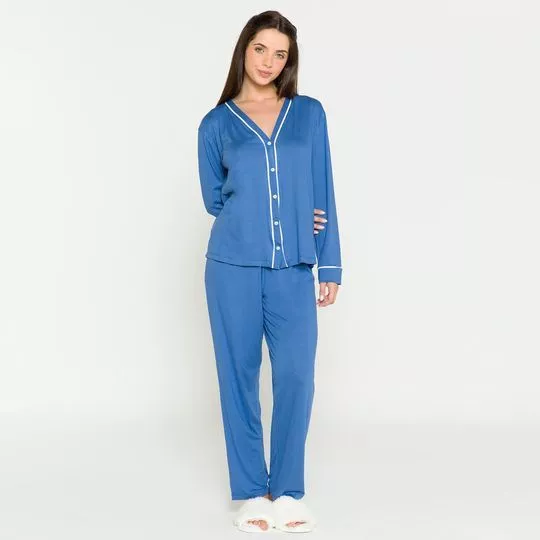 Pijama Com Recortes- Azul & Branco- Anna Kock Sleepwear