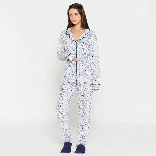 Pijama Com Faixa- Branco & Azul- Anna Kock Sleepwear