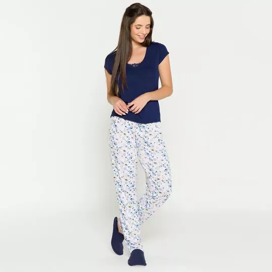 Pijama Com Recortes- Azul Marinho & Branco- Anna Kock Sleepwear