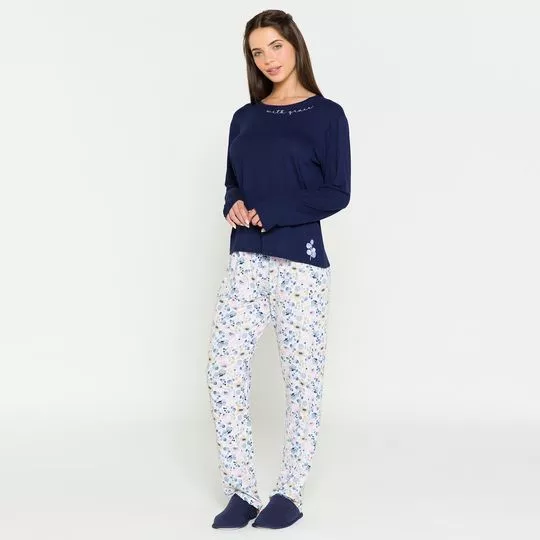 Pijama Com Recortes- Azul Marinho & Branco- Anna Kock Sleepwear