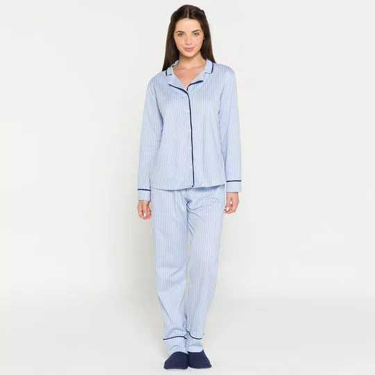 Pijama Listrado- Azul Claro & Branco- Anna Kock Sleepwear