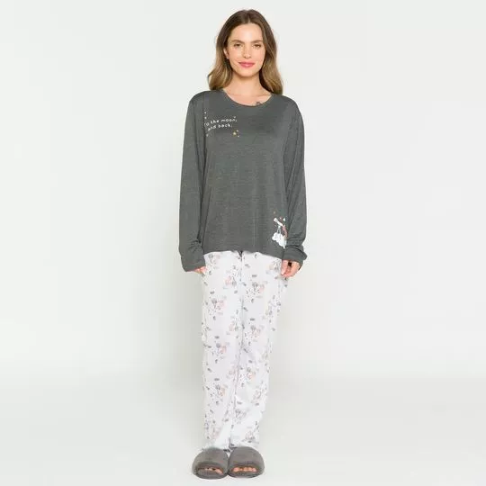 Pijama Mescla Com Inscrições- Cinza Escuro & Branco- Anna Kock Sleepwear