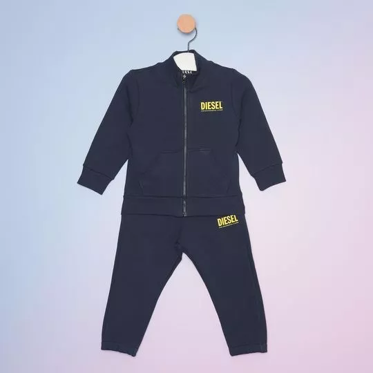 Conjunto Infantil De Jaqueta & Calça Jogger Com Inscrições - Azul Marinho & Amarelo - Diesel