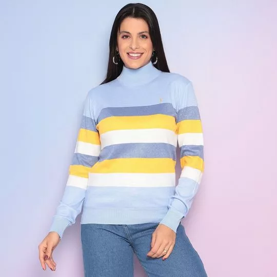Suéter Em Tricô- Azul Claro & Amarelo
