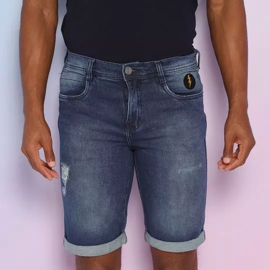 Bermuda Jeans Com Recortes- Azul