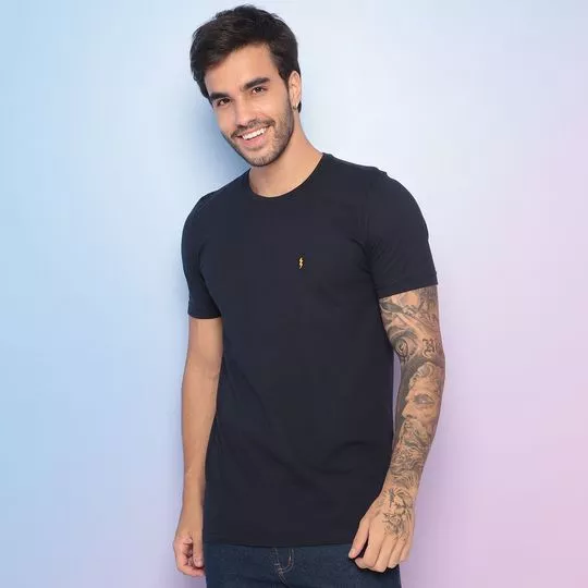 Camiseta Com Bordado- Azul Marinho & Amarela