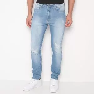 Calça Jeans Reta Com Destroyed<BR>- Azul Claro