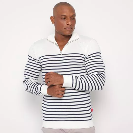 Suéter Em Tricô Listrado- Branco & Azul Marinho