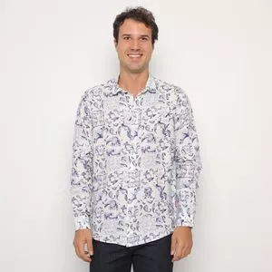 Camisa Em Linho<BR>- Azul Marinho & Branca