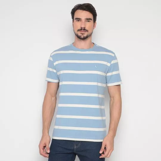 Camiseta Listrada Com Linho- Azul Claro & Off White