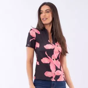 Camiseta Com Floral<BR>- Preta & Rosa