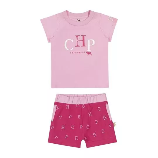 Conjunto De Camiseta Com Inscrições & Short- Rosa & Pink