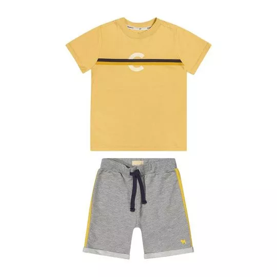 Conjunto De Camiseta & Bermuda Em Moletom- Amarelo & Cinza