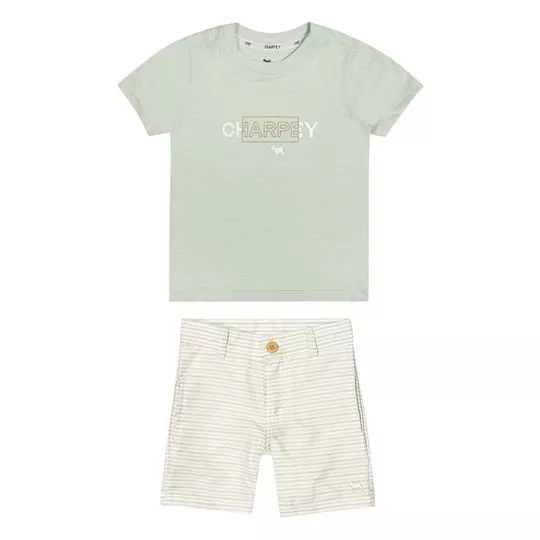 Conjunto De Camiseta & Bermuda Listrada- Verde Claro & Off White