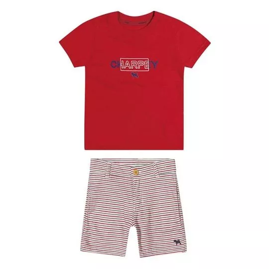 Conjunto De Camiseta & Bermuda Listrada- Vermelho & Off White