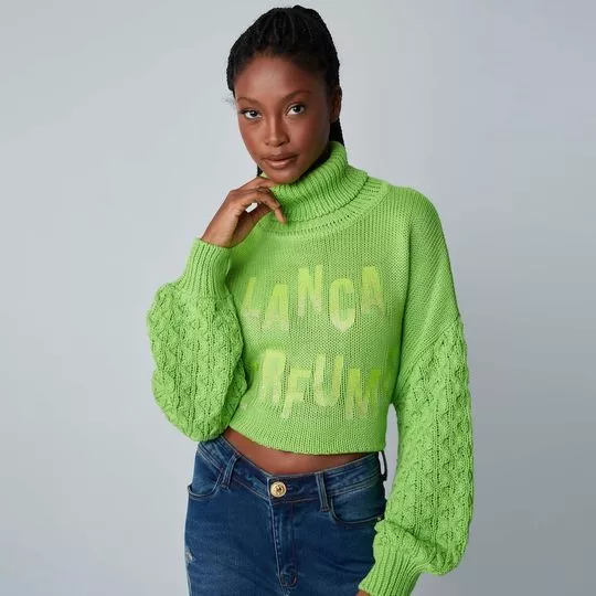 Suéter Cropped Em Tricô- Verde- Lança Perfume