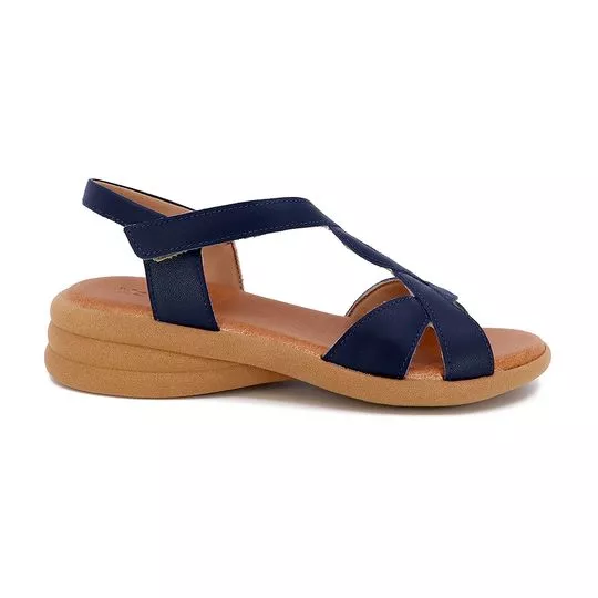 Sandália Em Couro Com Tiras Trançadas- Azul Marinho- Salto: 4cm- Usaflex
