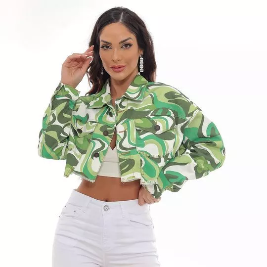 Jaqueta Cropped Abstrata- Verde & Off White