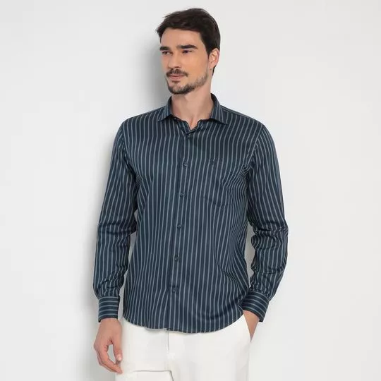 Camisa Classic Fit Com Recortes- Azul Marinho & Branca