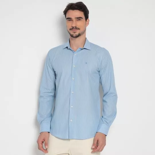 Camisa Classic Fit Listrada- Azul Claro & Off White