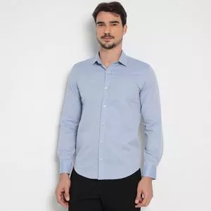 Camisa Slim Fit Em Fio Tinto<BR>- Azul