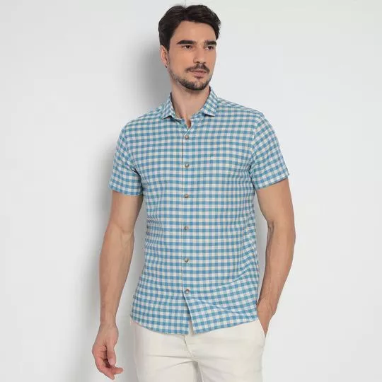 Camisa Slim Fit Com Linho- Azul & Off White