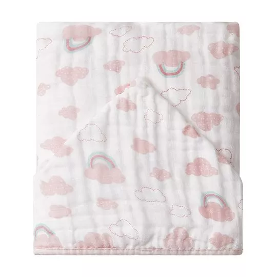 Toalhão De Banho Soft Premium Baby Com Capuz- Branco & Rosa Claro- 105x85cm- 120 Fios- Papi
