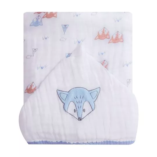 Toalhão De Banho Soft Premium Baby Com Capuz Bordado- Branco & Azul Claro- 105x85cm- 120 Fios- Papi