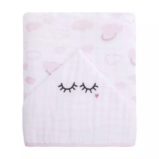 Toalhão De Banho Soft Premium Baby Com Capuz Bordado- Branco & Rosa Claro- 105x85cm- 120 Fios- Papi