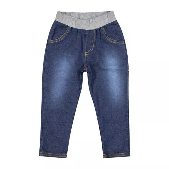 Calça Jeans Skinny Com Recortes- Azul Escuro & Cinza