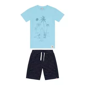 Conjunto De Camiseta & Bermuda Listrada<BR>- Azul Claro & Azul Marinho
