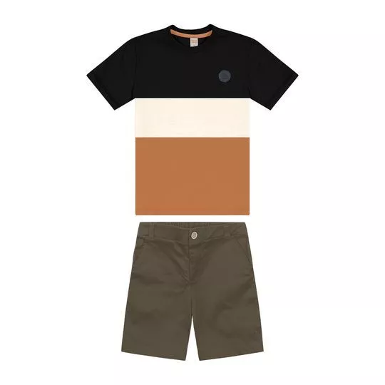 Conjunto De Camiseta Listras & Bermuda- Marrom & Cinza Escuro- Trick Nick