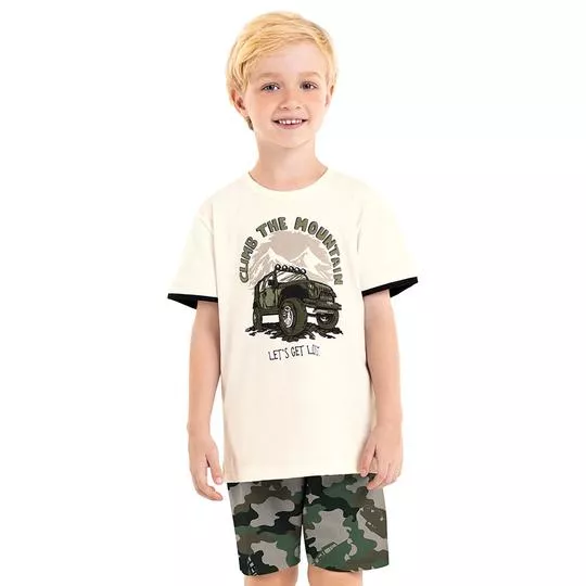 Conjunto De Camiseta & Bermuda Camuflada- Off White & Verde Militar- ROVI-KIDS