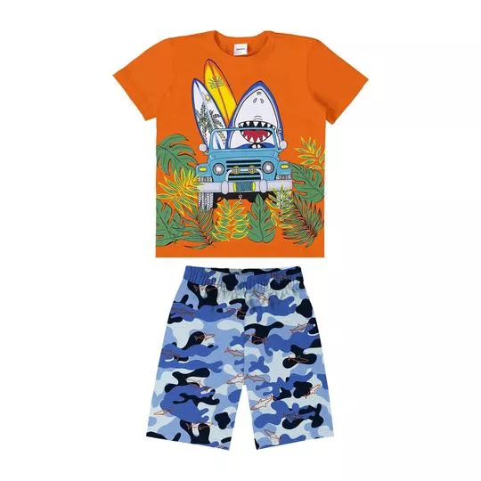 Conjunto De Camiseta Tubarão & Bermuda- Laranja & Azul- Rovi-Kids