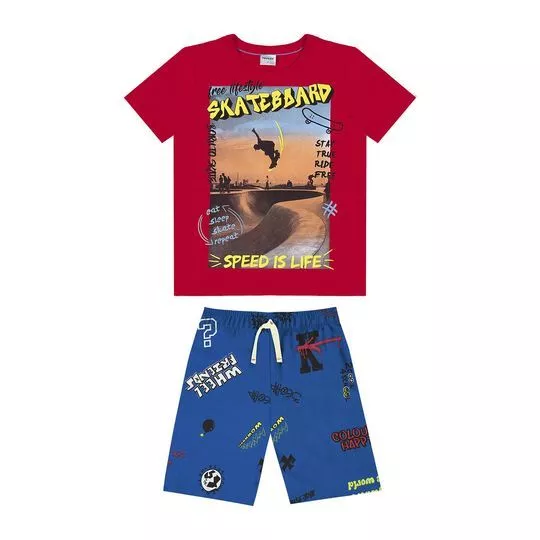 Conjunto De Camiseta Com Inscrições & Bermuda- Vermelho & Azul- Rovi-Kids