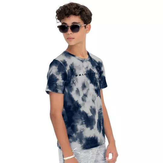 Camiseta Tie Dye Com Inscrições- Cinza Claro & Azul Escuro- Minty