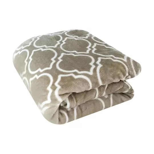 Cobertor Toque De Plumas Geométrico Solteiro- Bege & Branco- 150x220cm