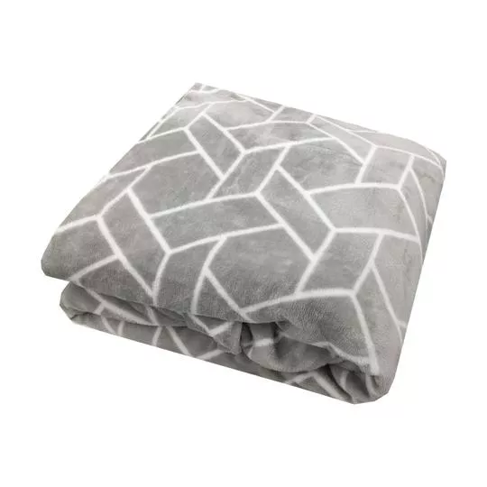 Cobertor Toque De Plumas Geométrico Solteiro- Cinza & Branco- 150x220cm