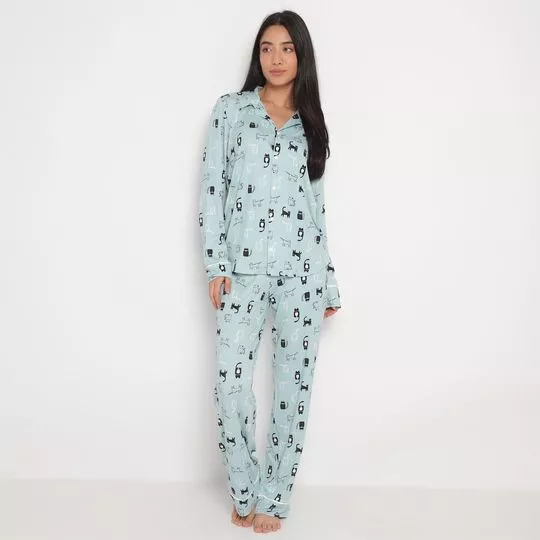 Pijama Gatinhos- Verde Claro & Preto- Danka Pijamas