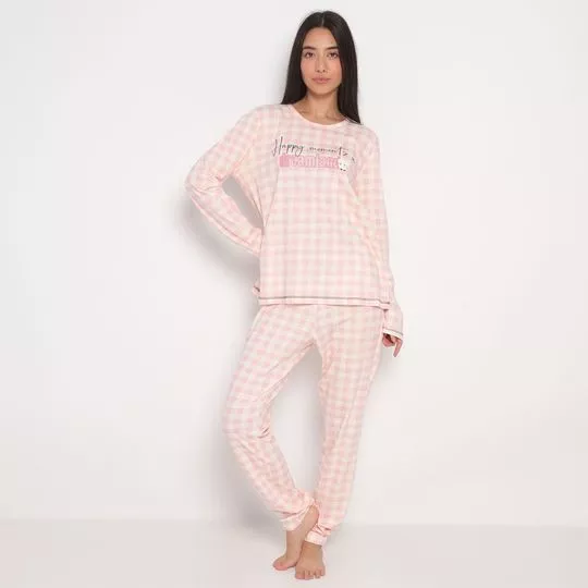 Pijama Xadrez- Branco & Rosa Claro- Danka Pijamas