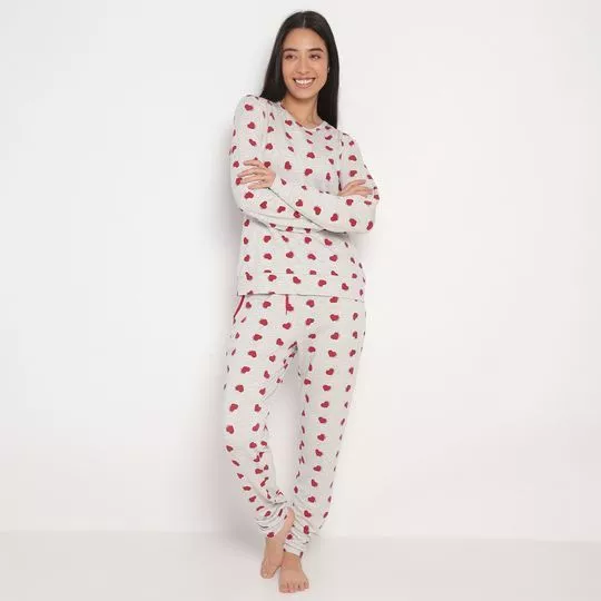 Pijama Corações- Cinza Claro & Vermelho- Danka Pijamas