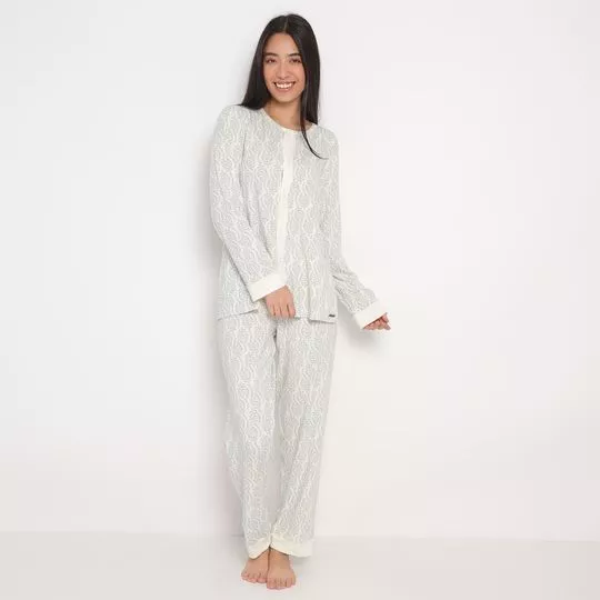 Pijama Folhagem- Off White & Verde- Danka Pijamas